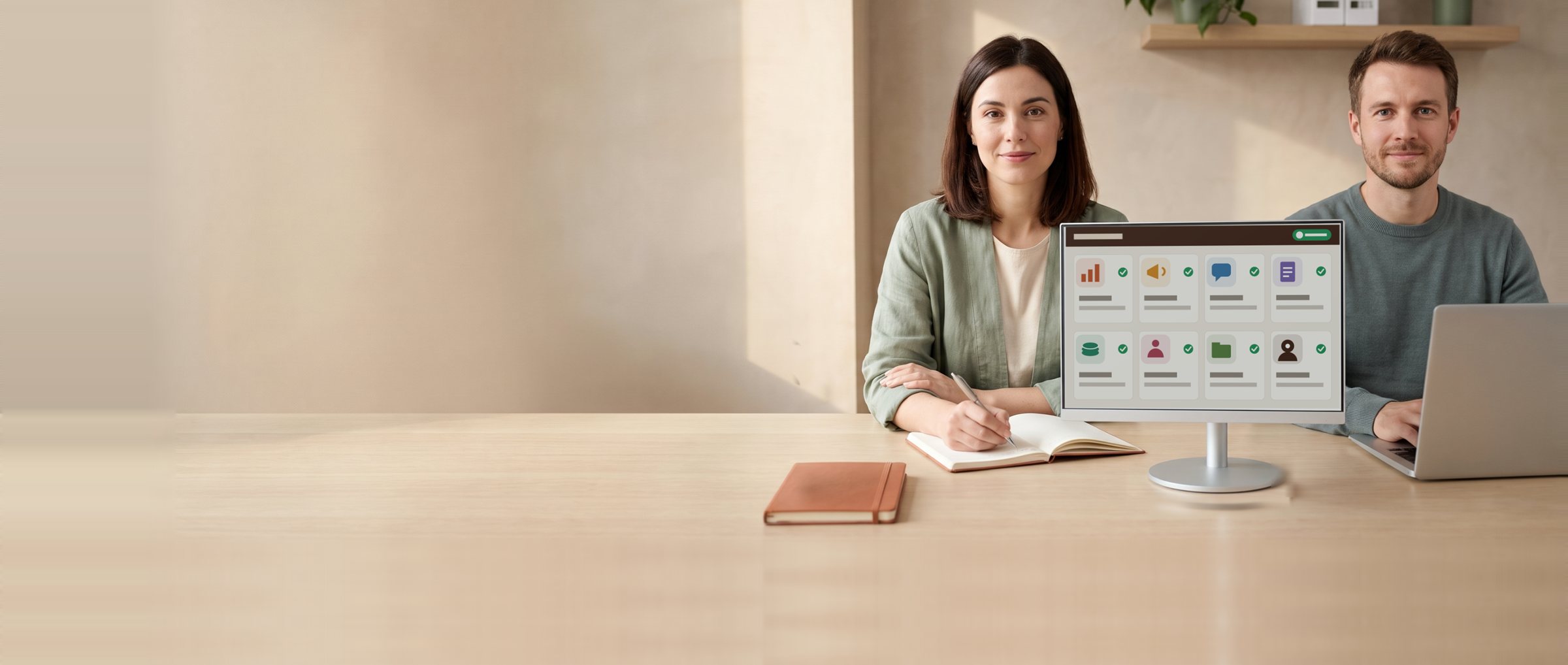Two colleagues at a long oak table in a bright small-company office work calmly beside a monitor that shows eight ticked agent tiles.