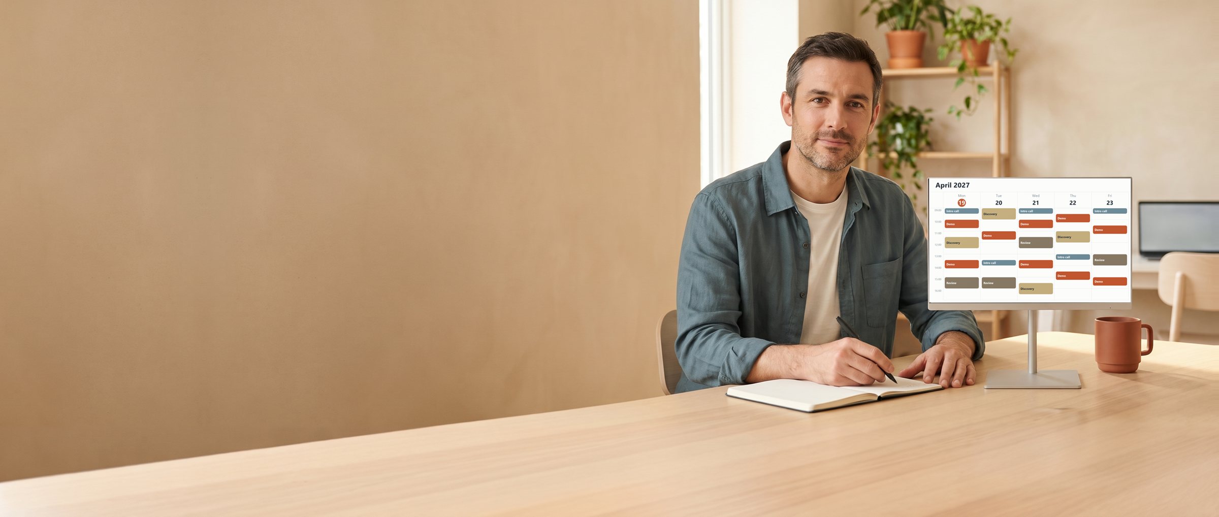 A founder writes a note at his desk in a bright office, next to a monitor that shows a fully booked week calendar.