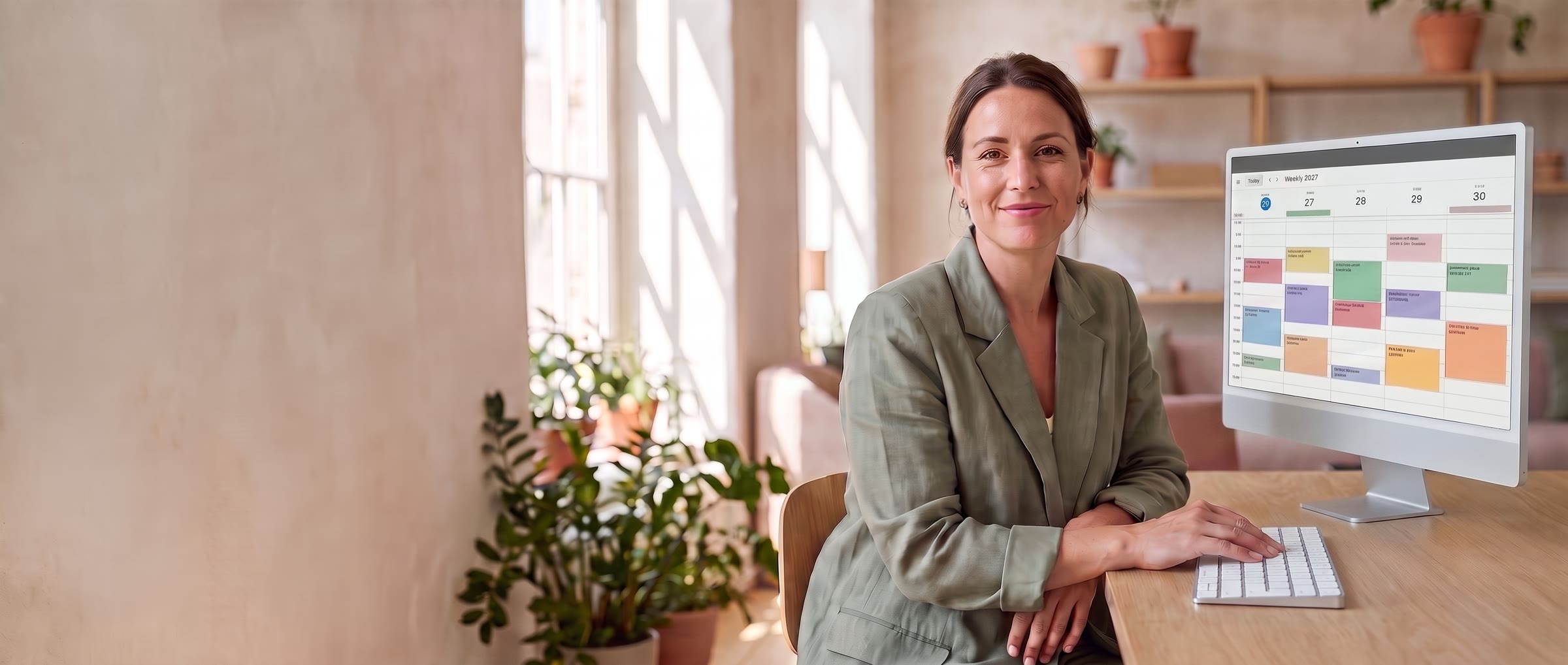 A B2B software founder smiles at her desk in a bright loft office, next to a large monitor that shows a week calendar full of booked meetings.