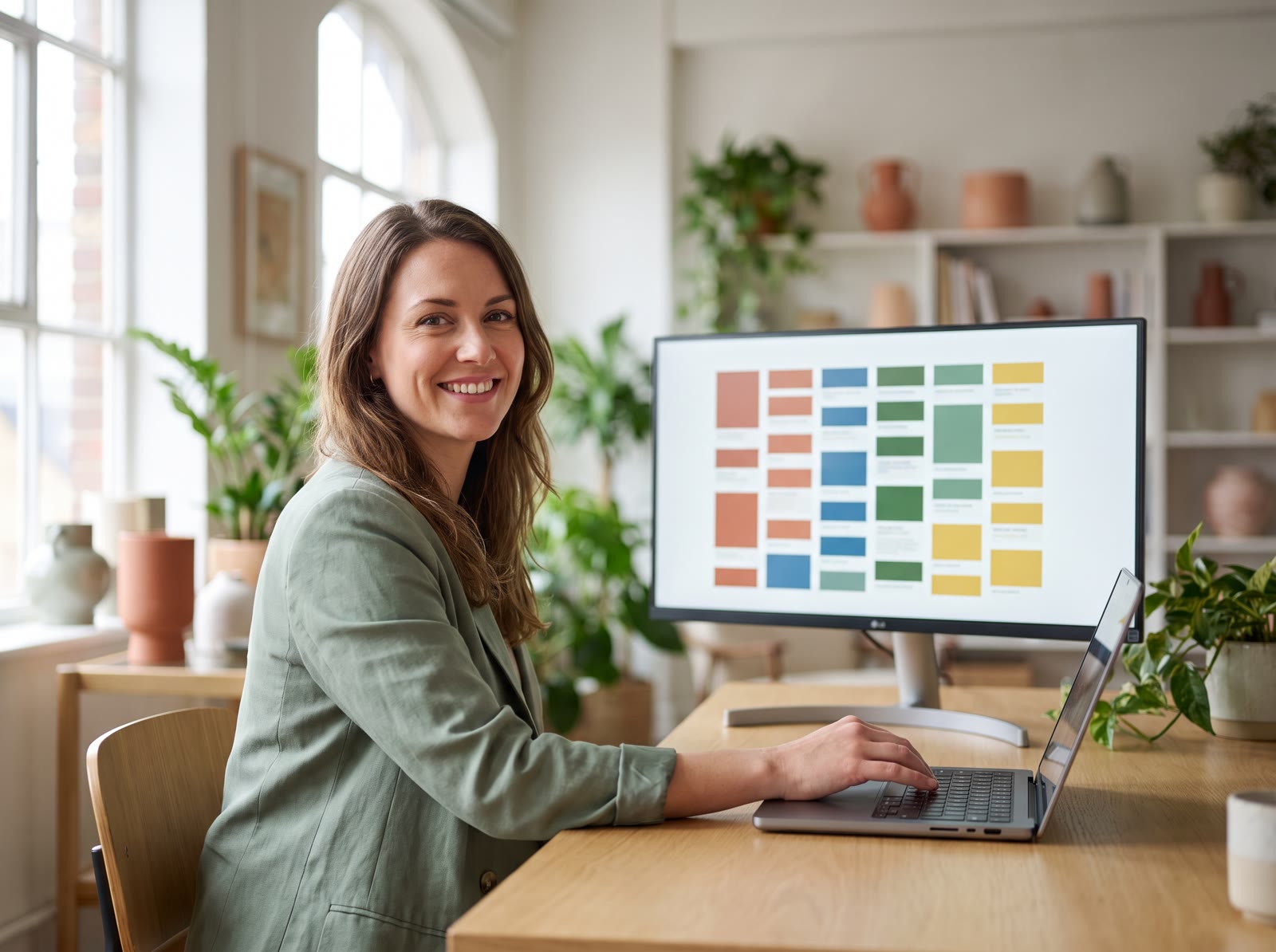 A B2B software founder smiles at her desk in a bright loft office, next to a large monitor that shows a week calendar full of booked meetings.